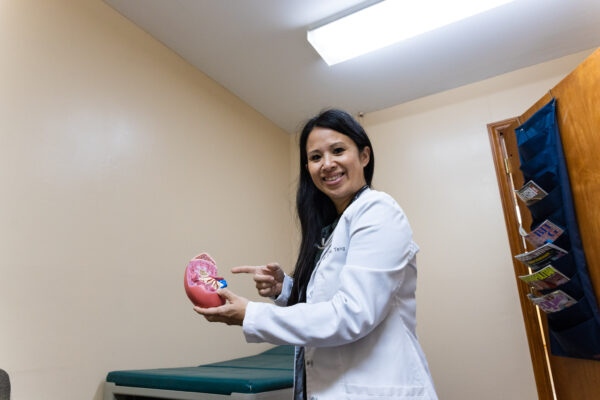 Provider Tanya Tang pointing to a model of a kidney.